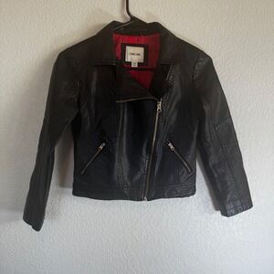 Cherokee Moto Jacket Kids Size M Black Faux Leather‎ Asymmetrical Zip Red Lining